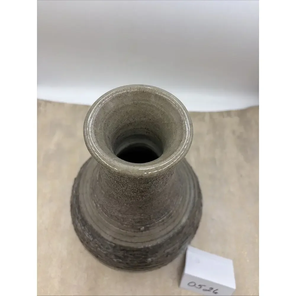 Handcrafted Studio Pottery case W/Metallic Grey Glaze & Textured Ribbed Signed